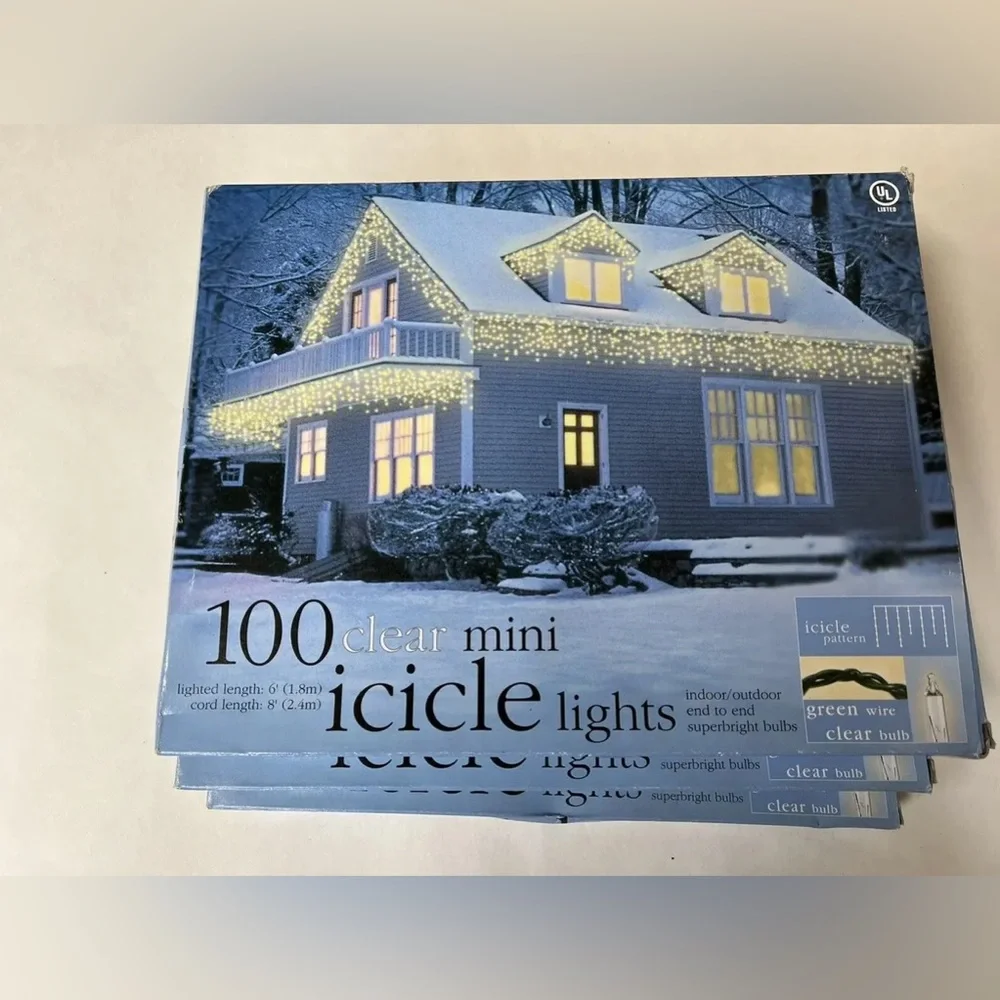 4 NEW Boxes of 100 Clear Mini Icicle Lights Cord length 8'
